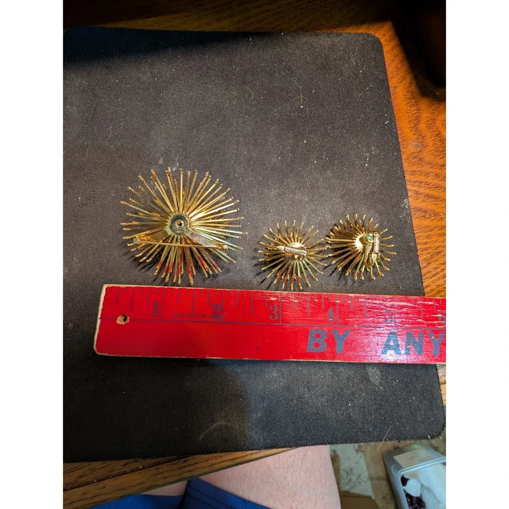 Vintage Coro Gold Tone Amber Rhinestone Sunburst Brooch and Clip Earring Set
